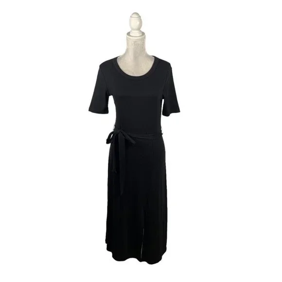 Magaschoni | Dresses | Magaschoni Black Knit Midi Dress Front Slit Sash  Cotton Modal Wardrobe Staple M | Poshmark